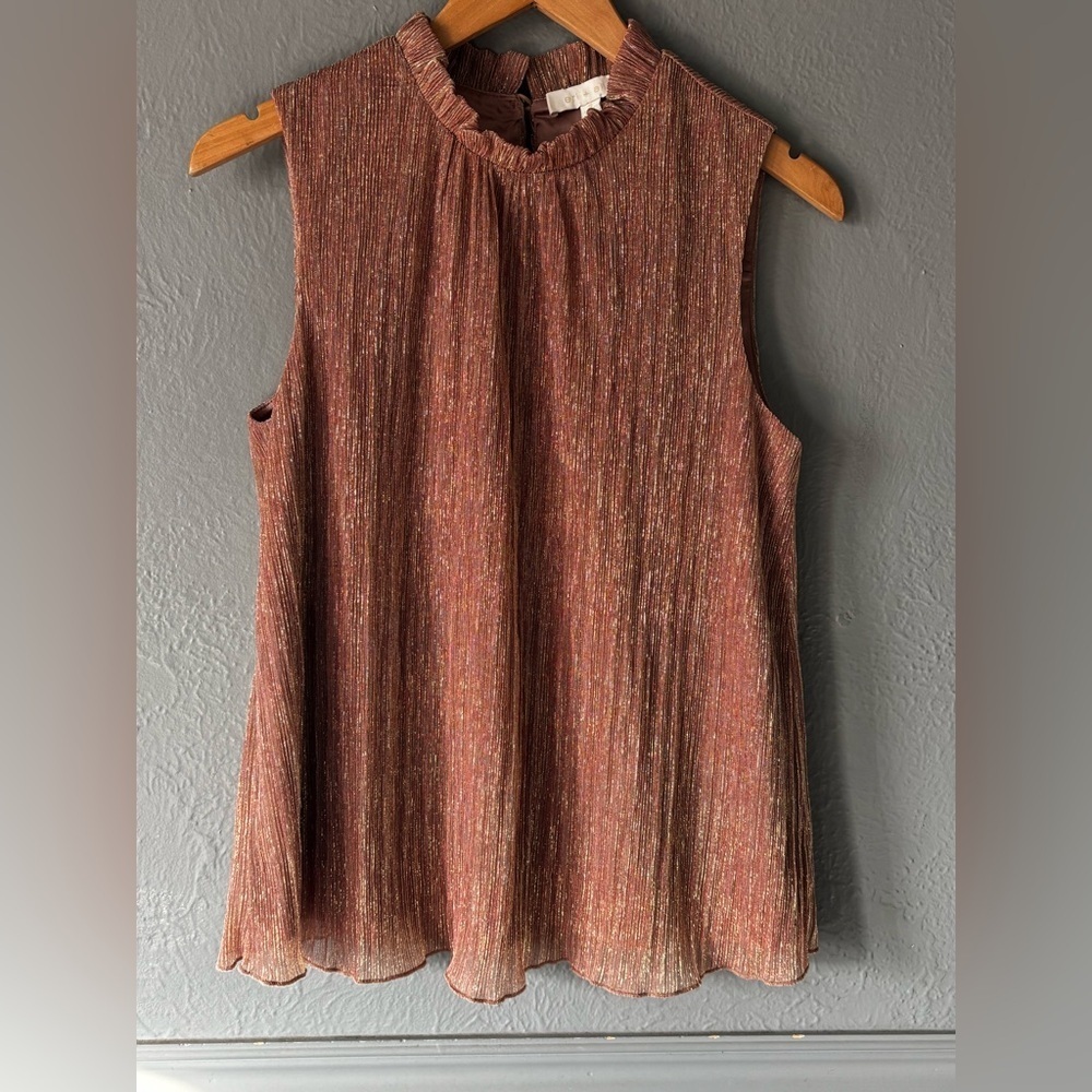 Eri + Ali Anthropologie Rose Gold Metallic Pleated High Neck Blouse Small